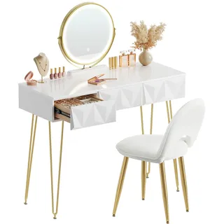 EUGAD Schminktisch mit Spiegel, LED-Beleuchtung, Samthocker, 3 Schubladen | Helligkeit Einstellbar, Frisiertisch mit Hochglanzplatte 100x40 cm, Schnelle Montage, Modern, Weiß + Gold