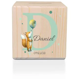 GRAVURZEILE Spardose aus Holz - Tiermotive mit Monogram - mit Namen und Datum personalisiert - Personalisierte Geschenke für Mädchen & Jungen zum Geburtstag Kommunion - Geschenk für Kinder - Fuchs