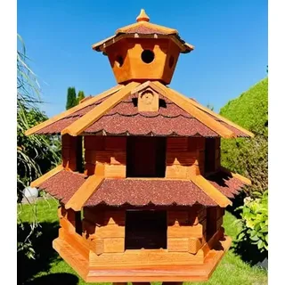 DARLUX Vogelvilla wetterfest von L bis XXL Futterhaus Vogelhaus mit oder ohne Ständer in Braun mit Rot, Grün oder Blau für Garten und Balkon (Größe XXL ohne Ständer, Rot - Braun)