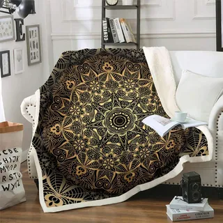 Boho Mandala Decke 150x200cm Schickes Kuscheldecke böhmischen Stil für Teenager Luxus Golden Schwarz Mandala Dekor Wohndecke Exotisches Blumenmuster Flanell Fleecedecke