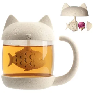 Cymax 250ml Katze Glas Tasse Teetasse mit Fisch Tee Infuser Siebfilter Wasser Becher Perfektes Weihnachten Geburtstag Geschenk für Katzenliebhaber