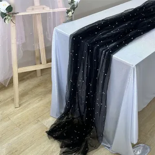 Ueiwffzo Tischläufer Hochzeit mit Glitzernd Perle Spitze Tischband Boho Tischläufer Modern Tischdecke Weihnachten Küche Tisch Party Dekor (Schwarz + Weiß Perle,150 * 200cm)