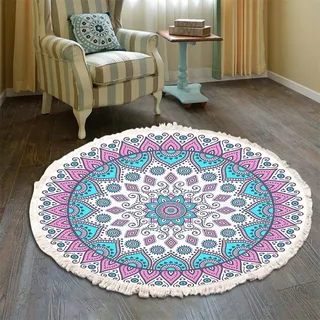 Bohemian Teppich Rund - Mandala Muster Mit Quasten, Waschbarer Baumwolle Teppich für Wohnzimmer Schlafzimmer (120cm, Blau-Rosa)