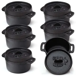 BBQ-Nerd 6er Set Mini Dutch Oven - Kleiner Gusseisentopf mit Deckel 11x5cm für Grill, Feuerstelle, Backofen, Herd - Serviertöpfe Kochtopf Schmortopf Brottopf Bräter Cocotte - Feuerfester Topf