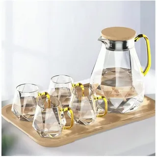 DUJUST Wasserkaraffe Glaskaraffe mit Deckel 2 Liter 4 Tassen Tablett Modernes Diamant