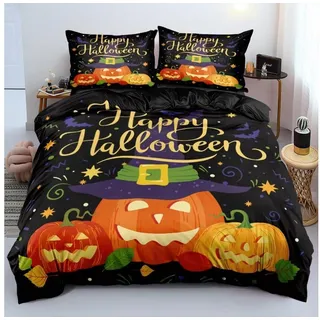 LuxusKollektion Kinderbettwäsche Bettwäsche 135x200 Halloween Kürbis Laterne 4-tlg