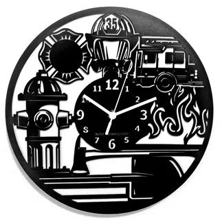 Instant Karma Clocks | Wanduhr Feuerwehr Design | Künstlerische Wanddekoration mit Feuerwehrauto, Helm und Hydrant | Geschenkidee für Feuerwehrleute