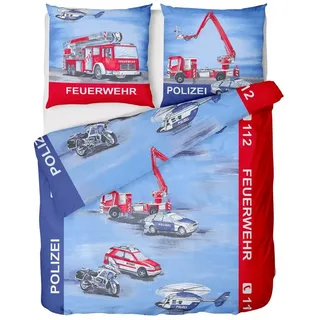 LINKHOFF Kinderbettwäsche Kinder Bettwäsche 135x200 2tlg. + 80x80 cm 100% Baumwolle - Polizei, Feuerwehr Kinderbettwäsche für Jungen - Renforce Bettwäsche-Set