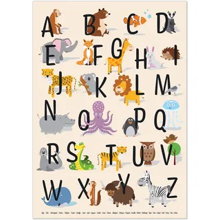 kizibi® ABC Poster mit Tieren DIN A2 | Alphabet und Buchstaben lernen | Tier Alphabet Lernposter für Kinderzimmer, Kindergarten und Vorschule, Buchstaben von A bis Z mit Tiermotiven