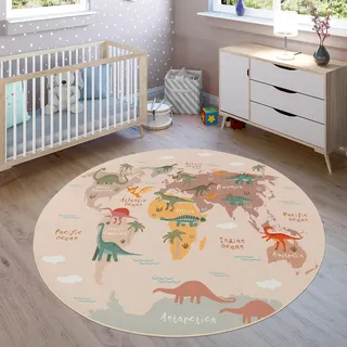 Paco Home Kinderteppich Teppich Kinderzimmer Spielteppich Junge Mädchen Modern rutschfest, Grösse:200 cm Rund, Farbe:Beige 2