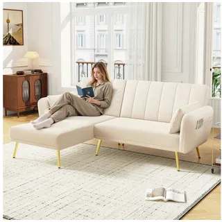 Merax Schlafsofa L-Form Klappsofa Samt Schlafsofa Ecksofa mit Schlaffunktion, 2–3 Sitzplätze, Metall-Rohrfüße 1 Teile, 3-Sitzer-Sofa mit verstellbarer Rückenlehne und Aufbewahrungstaschen beige