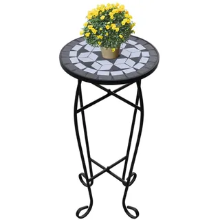 Tidyard Mosaiktisch Mosaik Beistelltisch Bistrotisch Balkontisch mit Eisenrahmen, Rund,30 x 60 cm (? x H), Wei?-Schwarz