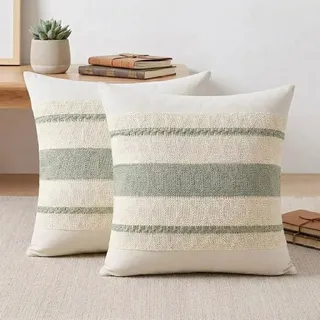 MEILIHEN Boho Kissenbezüge, 2er-Set, 40x40 cm, Leinen, Gestreift, Weiche Sofakissenbezüge und Kissenhüllen im Landhausstil,Cremeweiß und Beige, Sofakissen für Wohnzimmer und Schlafzimmer(Grün)