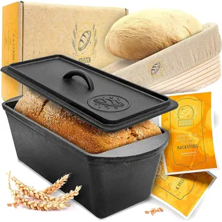 Krustenzauber Brotbackform mit Deckel inkl. Gärkorb - Robuste 28cm Backform aus Gusseisen, (Ideal als Kastenform, Toastbrot Backform), Brotform, Gusseisen Topf Brot backen Zubehör, Brottopf schwarz