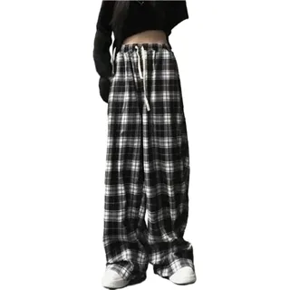 CzooM Damen Y2K Lässige Plaid Hose Gothic Alt Baggy Hose Fairy Grunge Alternative Kleidung Kordelzug Fairycore Streetwear (Color : Black, Size : L)