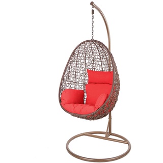 Kideo Swing Chair, Lounge-Möbel, Loungesessel Polyrattan, Hängestuhl, Hängesessel mit Gestell & Kissen (braun/rot)