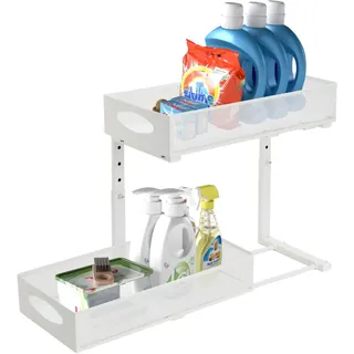 ARATERVIO Unter Waschbecken Regal Höhenverstellbar 2 Etagen Küchen Organizer mit Ausziehbaren Schubladen & Haken Spülschrank Organizer für Küche Bad Gewürzregal (Weiß)