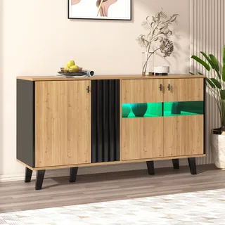 Merax Sideboard mit LED-Licht, Modernen Kommode mit 3 Türen und Glas, TV-Tisch mit viel Stauraum, für Wohnzimmer, Esszimmer & Schlafzimmer, 140x41x78,5cm, Holzfarbe