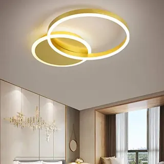 HYKISS LED-Deckenleuchte 48W Modern Dimmbar 2 Ringe Deckenlampe Metall-Acryl Runde Kronleuchter Wohnzimmer Küche Schlafzimmer Büro Kinderzimmer Lampe Beleuchtung,Mit Fernbedienung,55 * 40 * 6CM,Gold