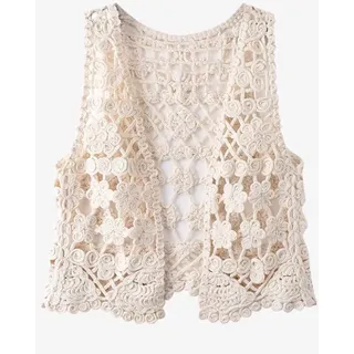 LCDIUDIU Ärmellose Weste Damen,Strickweste,Damen Blume Gehäkelte Weste Vintage Beige V-Ausschnitt Hohle Raute Ärmellos Vorne Offen Kurze Weste Schal Strickjacke Strick Boho Hippie Gilet Bluse Sommer