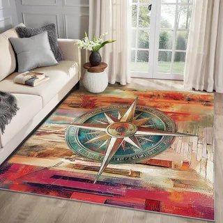 MMYAOKEN Nautisch Teppich Wohnzimmer 100x200 Vintage Kompass Maritim Deko, Teppich Kurzflor, Weich rutschfest Waschbare Teppiche, Bettvorleger Schlafzimmer Kinderzimmer
