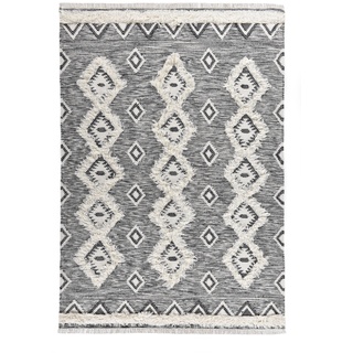 Wollteppich THEKO "Mora - 14019" Teppiche Gr. B/L: 170 cm x 240 cm, 10 mm, 1 St., schwarz (schwarz, weiß) Fransenteppich Schurwollteppiche