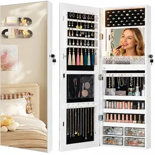 Arbor life Hängender Schmuckschrank mit LED-Beleuchtung & Innenspiegel, Wand/Tür Spiegelschrank, Abschließbarer Schmuck Schrank, für Ohrringe, Halsketten, Ringe (Weiß, 108x37cm)