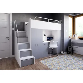 Marlux-Meble Hochbett Kinderbett JSM-5 90x200 mit Kleiderschrank Schreibtisch und Treppe Matt Etagenbett Stockbett Jugendhochbett (Graphit)