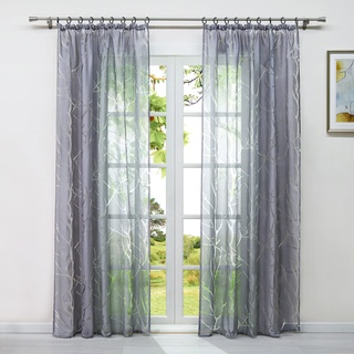 HeichkelL Ausbrenner Gardine mit Baumäste Muster Voile Transparente Vorhang Kräuselband 1 Stück Modern Dekoschal Gardinenstores für Wohnzimmer Grau BxH 140x245 cm