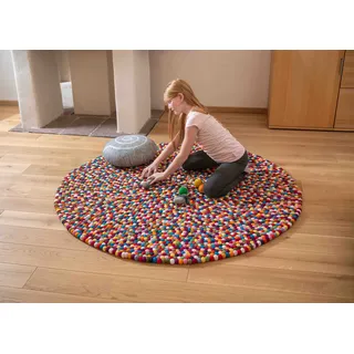 naturling Filzkugel Teppich Bunt 160cm - großer Spielteppich rund - 100% Schurwolle handgemacht (Bunt, 160 cm)