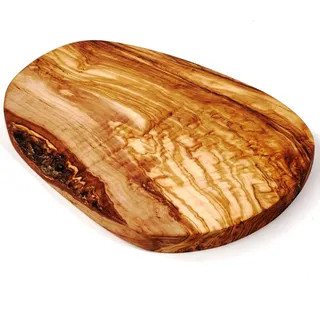 DAS OLIVENHOLZBRETT® Schneidebrett aus Olivenholz/Olivenholzbrett/Servierbrett aus Holz/Frühstücksbrett/Brotzeitbrett/Steakbrett Holz/Naturschnitt 45-49cm lang / 22-25cm breit