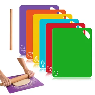 6er Set Kunststoff Plastik Schneidebretter, 38x30,5cm, Küche | Dünne BPA-freie Küchenbrett mit Lebensmittelsymbolen, Buche Nudelholz 30cm, flexible rutschfeste Schneidematten