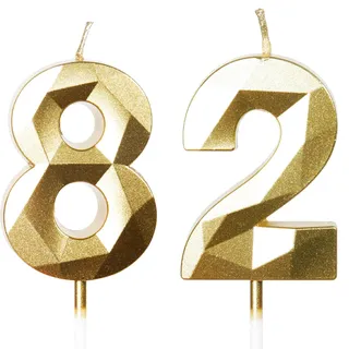 Gold 82. Geburtstagskerzen, 82. Geburtstagsdekorationen für Frauen und Männlich, 3D-Zahl-82-Kerze für Kuchen, Goldene Kuchendekorationen für Geburtstagsfeiern und Hochzeiten Zubehör