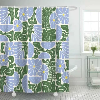 DeeCabin Boho Duschvorhang, farbenfrohes, abstraktes Blumenmuster, Vintage-Retro-Patchwork-Design, Blau & Grün, geometrisches & Badezimmer-Dekor, Duschvorhang-Set, 12 Haken, 178 x 178 cm