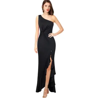 KOEMCY Kleider Damen Sexy Ärmelloses One Shoulder Elegant Beinschlitz Raffungen Mixskleid Sommerkleid Cocktailkleider Partykleid Abendkleid (Schwarz,M) - M
