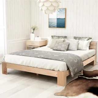 Merax Doppelbett 140x200cm mit Kopfteil und Lattenrost, Massivholzbett Funktionsbett Balkenbett Bettgestell Bettrahmen Holzbett aus Kiefer, Natur - Naturbelassen