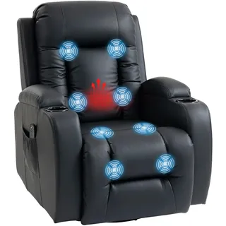 HOMCOM Relaxsessel Verstellbar mit Liegefunktion Heizung Schwarz | Massagesessel, Drehbar Fernsehsessel mit Wippfunktion, Becherhalter, Seitentasche, Timer, Kunstleder, für Wohnzimmer