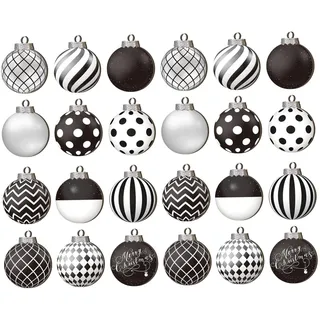 Lawnrden Weihnachtskugel -Ornamente, 24pcs 2D hölzerne Schwarz -Weiß -Weihnachtsschmuck, hängende Schwarze und weiße Dekorationen für Urlaub Weihnachtsbaum Party Dekor | Plastikball