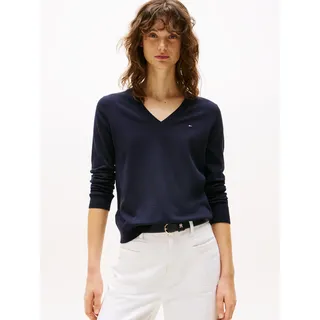 V-Ausschnitt-Pullover TOMMY HILFIGER "CO JERSEY STITCH V-NK SWEATER", Damen, Gr. XS (34), blau (desert_sky), Strick, Obermaterial: 67% Baumwolle, 33% Polyamid, unifarben, Basic normal, V-Ausschnitt, Bündchen, Pullover, Kontrastfarbene Streifen im Ausschnitt und Logo Stickerei am Ärmel