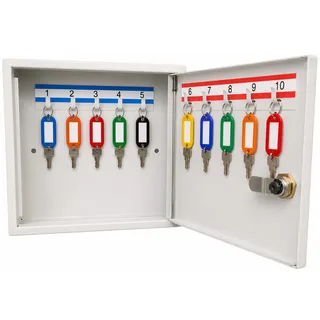 LEOMAR Schlüsselschrank, Schlüsselkasten mit 10 Haken, Schlüsselbox aus Stahlblech, mit Festen Hakenleisten, Organizer zur Wandbefestigung, Abschließbar, mit Montagematerial, 6 x 20 x 17 cm