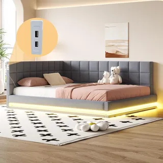 Flieks Polsterbett 160x200cm mit USB & LED, Tagesbett Schlafsofa mit Lattenrost, Doppelbett Jugendbett Gästebett Daybett Funktionsbett, Leinen, Grau - Grau