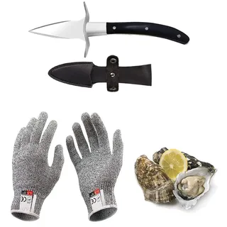 Kaqisen Austernmesser Oyster Knife Set Austernöffner Schnittfeste und Handschuhe für Muscheln Oder Hartkäse Geeignet Holzgriff Edelstahl (Schwarz, Grande/L)