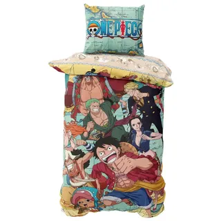 MTOnlinehandel Bettwäsche One Piece Anime 135x200+80x80 cm Ruffy und seine Piratencrew, Microfaser, 2 teilig, Manga, Monkey D. Ruffy, Sanji, Nico Robin, Nami, Tony Tony Chopper blau