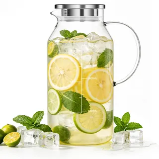 Aofmee 3,8 Liter Glaskaraffe mit Deckel, 128 Unzen Glaskaraffe, Gallonen Wasserkaraffe, Eisteekanne, Saftkanne, aus verstärktem Borosilikatglas – spülmaschinenfest