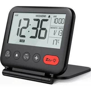 Reise-wecker Mini Tragbare Lcd Digitaluhr Mit Hintergrundbeleuchtung Kalender 12/24-stunden-anzeige Temperaturanzeige Schminkspiegel Kleine Klappbare Tischuhr Batteriebetrieben (schwarz)