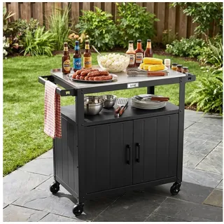 Feasto Servierwagen Grillwagen Outdoor Küche mit Edelstahl-Arbeitsplatte & Stauraum, Mobiler BBQ-Schrank mit 360° Lenkrollen, Maße 100 x 45 x 89,5 cm schwarz