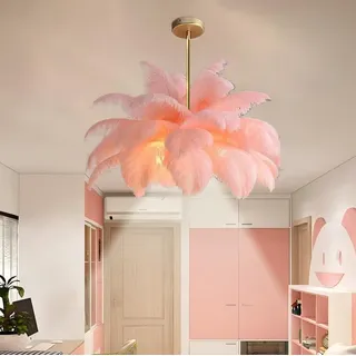 AstrizLamp Feder HäNgelampe Rosa, Feder Lampe Nschirm Kronleuchter Wohnzimmer Kreative Dekorative Nordische Pendelleuchte Mit LED Deckenstrahler 4500K für Schlafzimmer Esszimmer Kinderzimmer 80cm