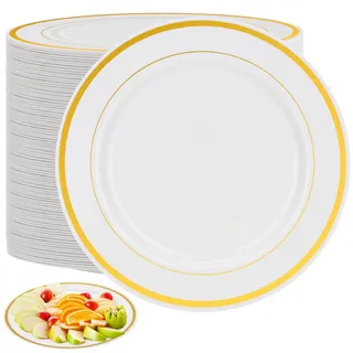 MUKLEI 80 Stück 19,1 cm Premium Mehrzweck-Kunststoff Essteller mit Goldrand, Kunststoff Dinnerparty Teller, Kunststoff Dessertteller für Partys, Hochzeiten, Jubiläen, Caterings und Picknicks