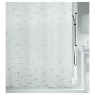 spirella Duschvorhang KOS Breite 180 cm, Premium Textil-Duschvorhang, 100% Polyester, Made in Europe, wasserabweisend, Anti-Schimmel-Effekt, waschbar 30°, Motiv "Fische", Farbe weiß-silber, mit besonderem Metallic-Effekt, Größe 180 x 180 cm weiß 180 cm x 180 cm