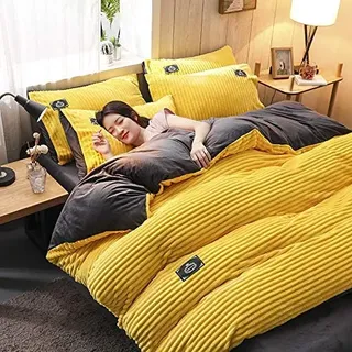 WFBZ Einfarbig Kristall Samt Flanell Fleece Doppel Samt Bettbezug Herbst und Winter Bettwäsche 4 Stück (Gelb,220 x 240 cm)
